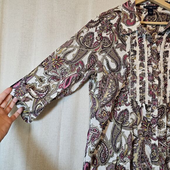 Bandolino Women's Button Up Paisley Pink Purple Tuxedo Bib Lace Detail 3/4 Large - Picture 4 of 10